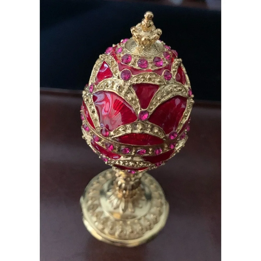 Egg-Shaped Trinket Box Red Rhinestone Enamel Collectible Magnetic Closure 4